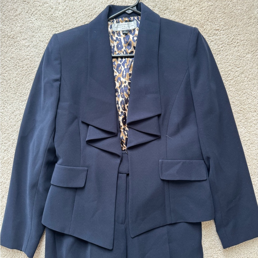 Tahari ASL Navy Blazer with Leopard Lining